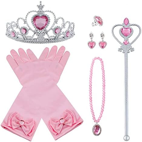 Vicloon Prinzessin Kostüme Eisprinzessin Set of 9, ELSA Handschuhe, Pfirsichherz Krone, Zauberstab, Halskette, Ring, Ohrring