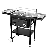 Bonnlo Outdoor Fryer with Dual 8QT Tank & Basket, 24,000 BTU Propane Deep Fryer with Side Shelf & Thermometers, Commercial Fryers with Wheels & Simple Control Knob for Outdoor Camping Cooking Use