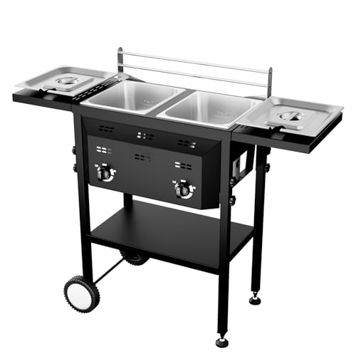 Bonnlo Outdoor Fryer with Dual 8QT Tank & Basket 24 000 BTU Propane Deep Fryer with Side Shelf & Thermometers Commercial Fryers with Wheels & Simple Control Knob for Outdoor Camping Cooking Use