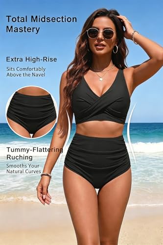 Image of Yonique Women High Waisted 2 Piece Bikini Set Tummy Control Full Coverage | Removable cups, smoothing gathered midsection, figure-flattering front ruching, and a stylish V-neck wrap top