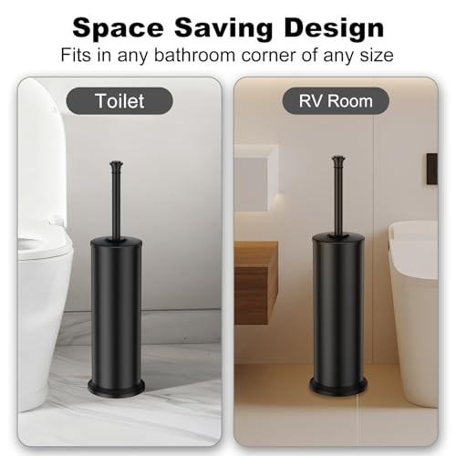 Image of Black Toilet Brush and Holder,Extra Long Handled Toilet Brush for Bathroom,Stainless Steel Heavy Duty Toilet Bowl Brush,Removable Inner Bowl,Deep Cleaning Dense Bristles Cleaner Brush -Space Saving