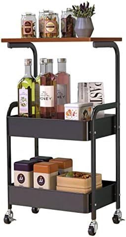 RêveLife 3 Tier Rolling Storage Cart Metal Utility Cart with Lockable Wheels Wooden Top Mobile Print Stand Heavy Duty Storage Organizer for Home Office Kitchen Living Room, Black