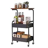 RêveLife 3 Tier Rolling Storage Cart Metal Utility Cart with Lockable Wheels Wooden Top Mobile Print