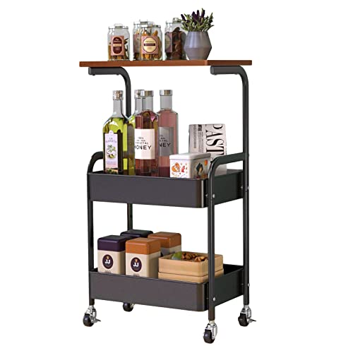 Rêvelife 3 Tier Rolling Storage Cart Metal Utility Cart With Lockable Wheels Wooden Top Mobile Print Stand Heavy Duty Storage Organizer For Home Office Kitchen Living Room, Black #TOP2