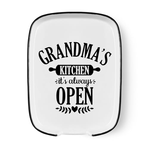 Funny Large Spoon Holder Ceramic Spoon Rest for Stove Top, Farmhouse White Spoon Rest for Chef, Women, Mom, Friend Kitchen Gift, Heat-Resistant Cooking Utensil Rest Décor (Grandma's Kitchen)