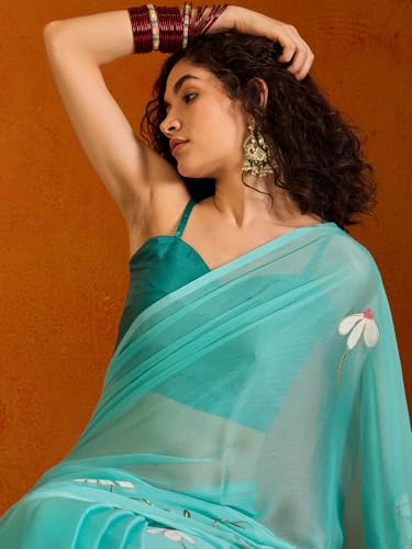 Image of SAREE MALL Women's Chiffon Daisy Floral hand paint Tassel Pallu Lightweight Summer Saree