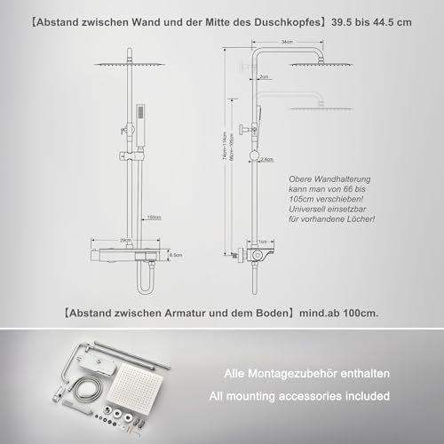 Görbach Edelstahl Duschset Regendusche Duschsystem mit Thermostat Mischbatterie, Verstellbarer Duschstange, Kopfbrause 30x30 cm Chrom – Ansicht 6