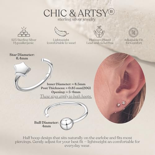 Image of CHIC & ARTSY 925 Sterling Silver Half Hoop Earrings for Women, Small Huggie Hoops Set with Ball Bar Star Moon Cross & Pearl, Lightweight Comfort Fit Everyday & Sleep Earrings