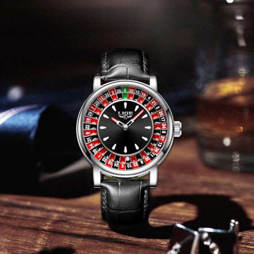 Image of LIGE Mens Roulette Wheel Watches Casino Themed Quartz Analog Watch 3ATM Waterproof Glowing Man Wrist Watches