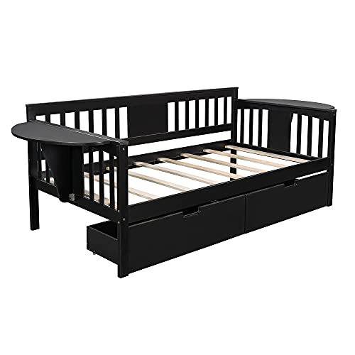 Lifeand Twin Size Daybed with 2 Drawers, Guardrail, Easy Assembly, Wood Platform Bed for Bedroom, Guest Room, Espresso