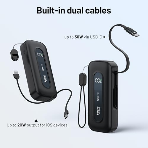 Image of Selore&S-Global Power Bank 10,000mAh with Built-in Retractable Cable & C to L Cable, 30W Fast Charging Portable Charger, LED Display, Travel Battery Pack for iPhone 16 /15 /14 /13 Series Samsung