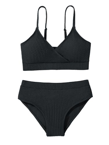 Adarl Girl's 2 Piece Swimsuit Solid Spaghetti Strap Bikini Sets Beach Bathing Suit Swimwear for Teen Girls Black