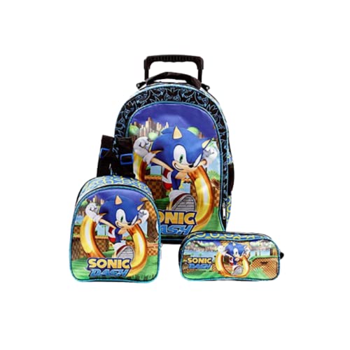 Kit Mochila Escolar Infantil Sonic Com Rodinhas
