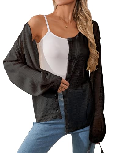 Image of Libsorge Womens Oversized Lightweight Sheer Button Cardigan Spring 2025 Trendy Solid Ribbed Knit Long Sleeve Thin Sweater