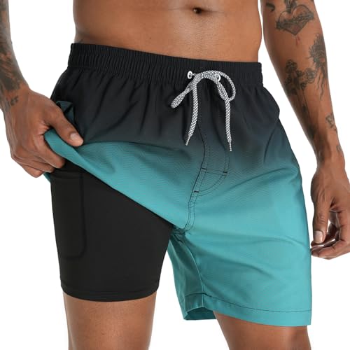 iCKER Badehose Herren Kompression Liner 2 in 1 Badeshorts Board Shorts Schnelltrocknend Strand Beach Shorts,Grün,L