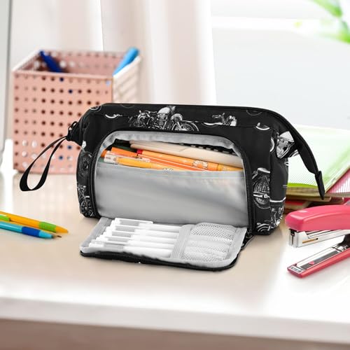 Image of Fisyme Black White Motorcycles Pencil Case Large Capacity Pen Bags Box Big Makeup Pouch Organizer