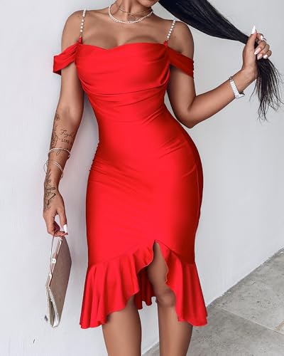 Image of CHICME Womens Sexy Bodycon Party Dress Off The Shoulder Pearls Strap Midi Dress Ruffle Hem Cocktail Dresses