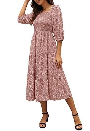 Annebouti Women 3 4 Sleeve Square Neck Smocked Leopard Floral Midi Tiered Dress Mauve