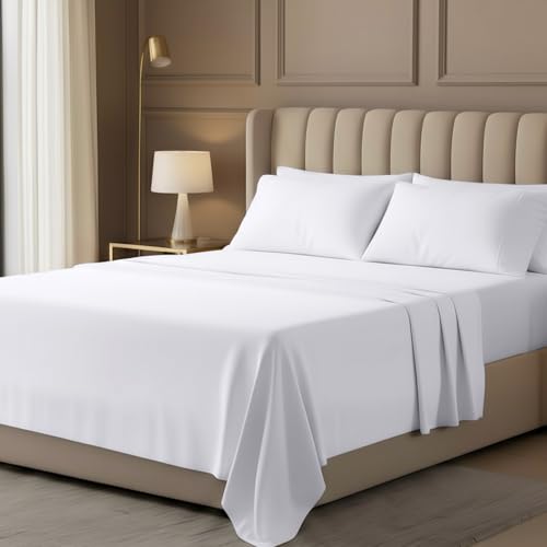 Hotel Queen Size Sheet Set – 4 Piece Luxury Bedding Sheets, Deep Pocket Soft & Breathable Microfiber Bed Sheets, 1 Fitted Sheet, 1 Flat Sheet and 2 Pillowcases – Oeko Tex (White)