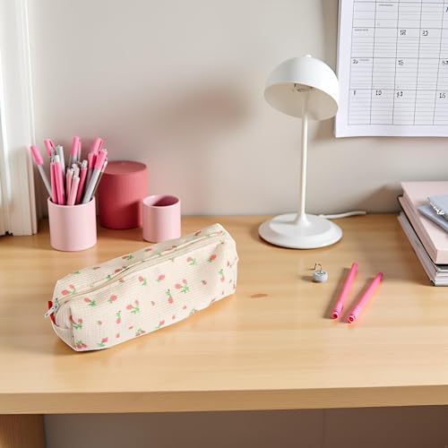 Image of Pink Women Fresh Style Pencil Bag Flower Floral Canvas Large Pen Pencil Pouch Bag Pencil Case Pen Holder Coin Pouch, Simple Cosmetic Storage Bags Makeup Bag Office Stationery Organizer