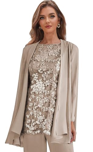 3 Pieces Mother of The Bride Pant Suits with Jacket Sequin Lace Formal Dress Outfits for Women Wedding Guest