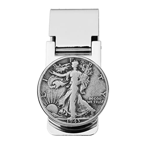 US 1943 Walking Liberty Half Dollar 90% Silver Coin Hinged Money Clip NEW - Silver Plated Coin Bezel