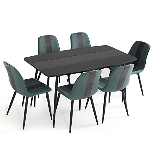 Mondeer Essgruppe, Moderner Esstisch und Polsterstuhl 6 mit Metallbeinen für Esszimmer Küche Wohnzimmer, B150 x H76,5 x T85 cm, Schwarz