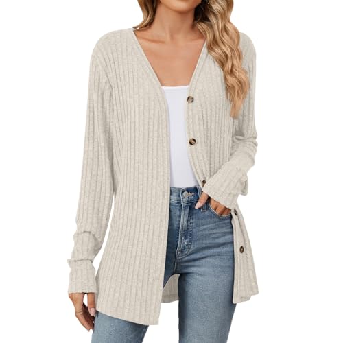 Uwdiohq Cardigan Femme À Manches Longues Et Poches Pour Couleur Unie, Automne Hiver (Beige, L) Veste Gilet Beige Chaud Manche Courte A Bouton En Laine Vert...