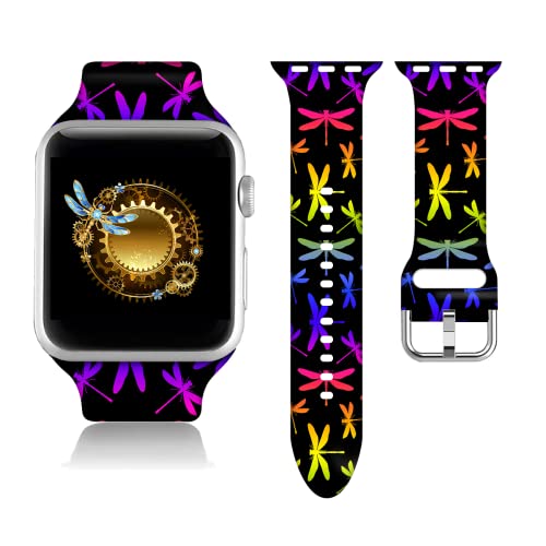 Compatible With Colorful Rainbow Dragonfly Apple Watch 384041424445mm For Women Men,Soft Silicone Dragonfly Animal Printed Replacement Wristband Band For Iwatch Series 7 6 5 4 3 2 1