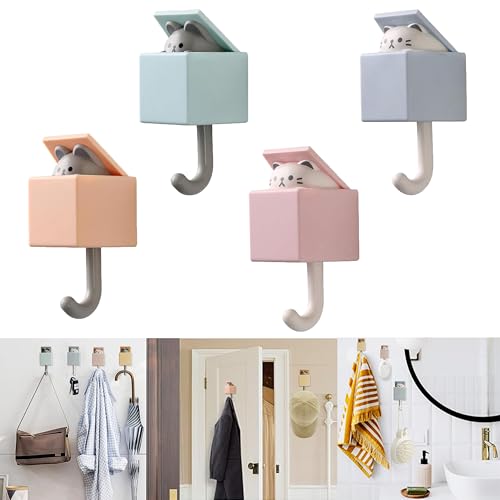 4pcs Utility Creative Adhesive Wall Hooks for Coat, Scarf, Hat, Towel,Robes,Key, Bag,Heavy Duty Command Hook Can Bear 2.4 Kg,Cute Pet Cat and Mouse Hook for Wall Hanging Decorations