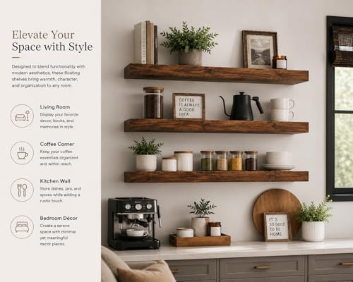 Image of Genuine Decor Solid Sheesham Wood Floating Shelves for Wall, Set of 3 (27 Inch) - Rustic Wall Mounted Ledge Shelf with Gloss Finish for Living Room, Bedroom, Bathroom & Kitchen Decor