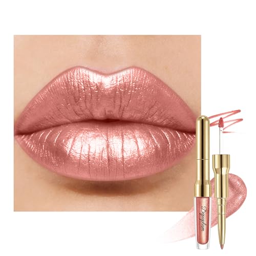 Image of Nude Metallic Lipstick and Lip Liner Combo Glitter Lipsticks for Women | 2in1 Metallic Lip Gloss Shimmer Stain Waterproof Smudgeproof Long Lasting Lipsticks,GB11 It's Me