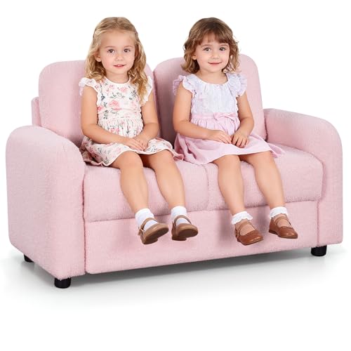 Image of INFANS Kids Sofa, 2 Seat Soft Thick Upholstered Couch with Plush Fabric Solid Wooden Frame, Armrest Chair Lounge for Playroom Kids Boys Girls