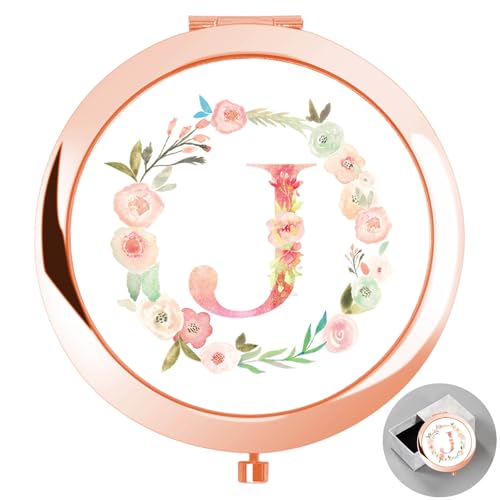 Personalized Gift Initial Compact Mirror w Box for Sister (J, Rose Gold)