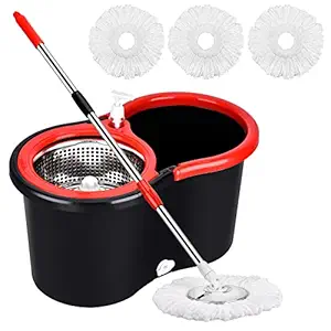 Spin Mop Bucket, 360 Spin Mop and Bucket System with 3 Mop Heads, Stainless Steel Spin Bucket Mop for Floor Cleaning