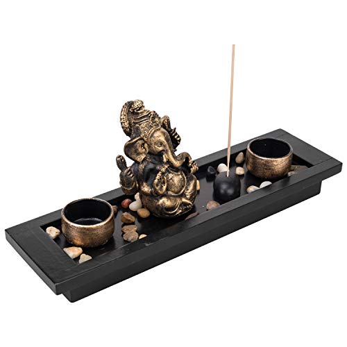 MyGift Mini Zen Garden with Ganesh Statue, Incense Stick Burner, Tealight Candle Holders, Decorative Rocks and Display Tray by MyGift - Image 6