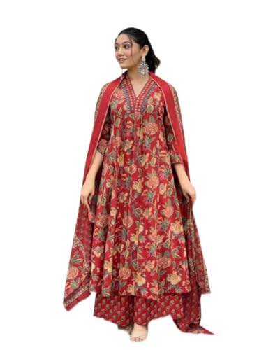 Image of Red Anarkali Rayon Kurti Set for Women | Viscose Kurta Pant Dupatta | Plus Size Ethnic Outfit (S-7XL)