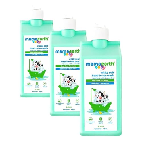 Image of Mamaearth Milky Soft Head to Toe Wash With Oats, Milk, and Calendula for Babies | 2-in-1 Tear-Free Body Wash & Shampoo | Moisturizes and Soothes Skin | 400 ml (Pack of 3)