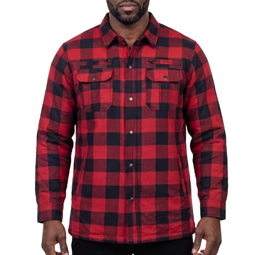 Mens Armored Checkered Flannel Biker Shirt Multiple Waterproof Storage Pockets CE Approved Armor Reinforced Water Resistant (Red L)
