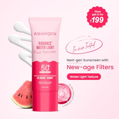 Image of Aqualogica Radiance+ Water Light Fluid Sunscreen - 25g | SPF 50+ PA++++ | In-Vivo Tested | New-age Filters | Ultra-Light Fluid Texture | For Bright & Radiant Skin | Fragrance-Free & No White Cast | 2% Nia-Hyaluron Complex | Broad Spectrum UVA /B & Blue Light Protection | Lightweight | Travel Friendly | For Men & Women | Trial Pack | Convenient for Use