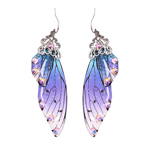 MNSYD Simulation De Fée À La Main Papillon Boucles d'oreilles Boucles d'oreilles Longues fées Boucles d'oreilles Goutte de mariée Animal Oreille Bijoux,Argent-Bleu Strass
