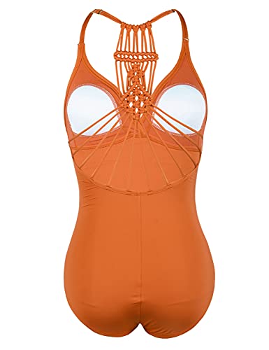 Hilor Women's Shirred Halter One Piece Swimsuits Macrame Back Swimwear Solid Bathing Suits Tangy Orange 12 #TOP2