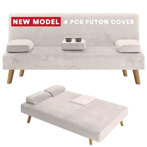 PrinceDeco 4 Pieces Stretch Velvet Futon Covers Sofa Bed Slipcover with Removable Armrests and Cupholders Covers Furniture Protector High Spandex, Ivory