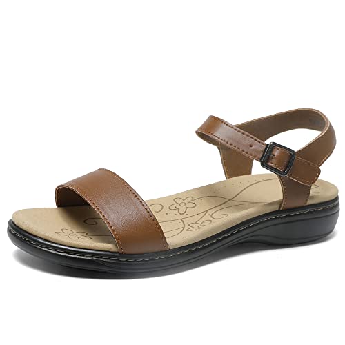 Image of Women's Classic Flat Sandals Leather Open Toes Memory Foam One Band Ankle Strap Adjustable Slip On Shoes