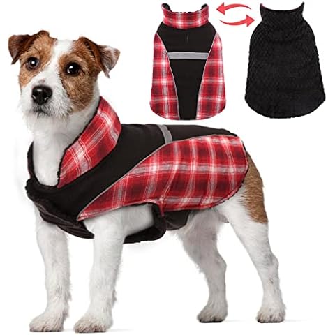 Reversible Dog Winter Jacket, Fleece Jacket Plaid Reflective Cold Winter Vest Warm Snowsuit Puppy Outfit Clothes Cold Weather Pets Apparel with Fleece Lining(Red, L) Cover