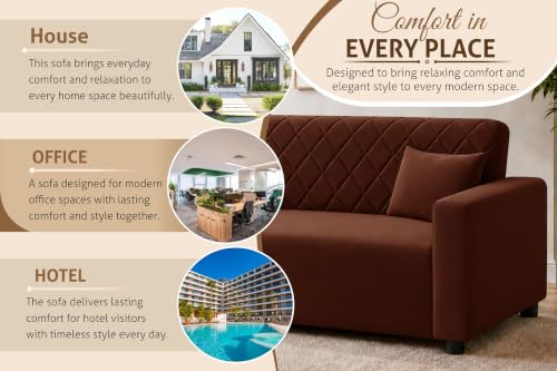 Image of Rosebell 3 Seater Wooden Sofa for Living Room, Modern Fabric Upholstered Sofa with Quilted Backrest, Cushioned Seating, Padded Armrests & Sturdy Wooden Frame - Brown