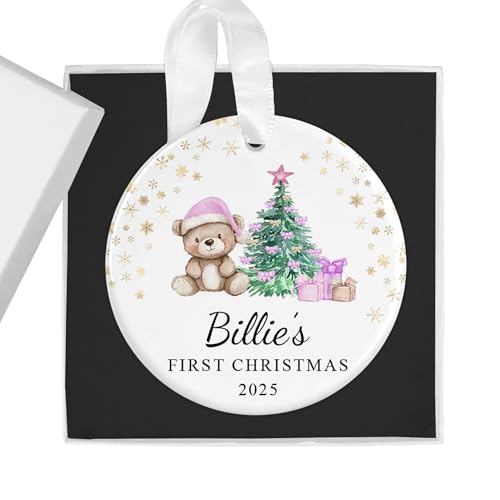 Personalised Baby's First Christmas Bauble Ornament with Gift Box - Custom 1st Xmas Keepsake - Ideal for New Baby Girl (Pink Teddy Bear)