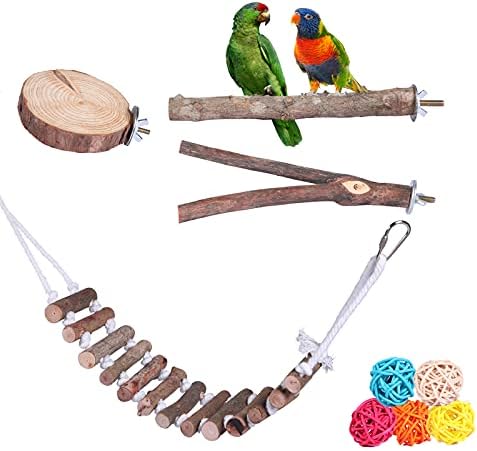 AYIYUN 9 Pack Bird Perch Stand Set,Bird Parrot Perches Cage Accessories,Natural Wood Parrot Stick Platform Rope Ladder Bird Toys for Pet Parakeet