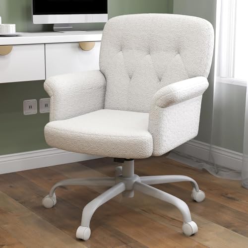 ZZH Silla de Escritorio Hogar y Oficina, Cómoda Silla Acolchada con Ruedas y Brazos, Suave Tedé de Terciopelo, Ajustable y Giratoria para Sala, Dormitorio, Maquillaje y Salón, Blanco
