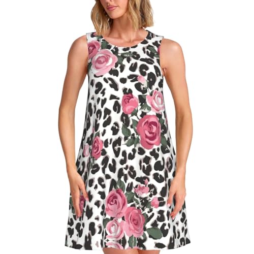 Robe d'été léopard rose femme sans manches fluide légère